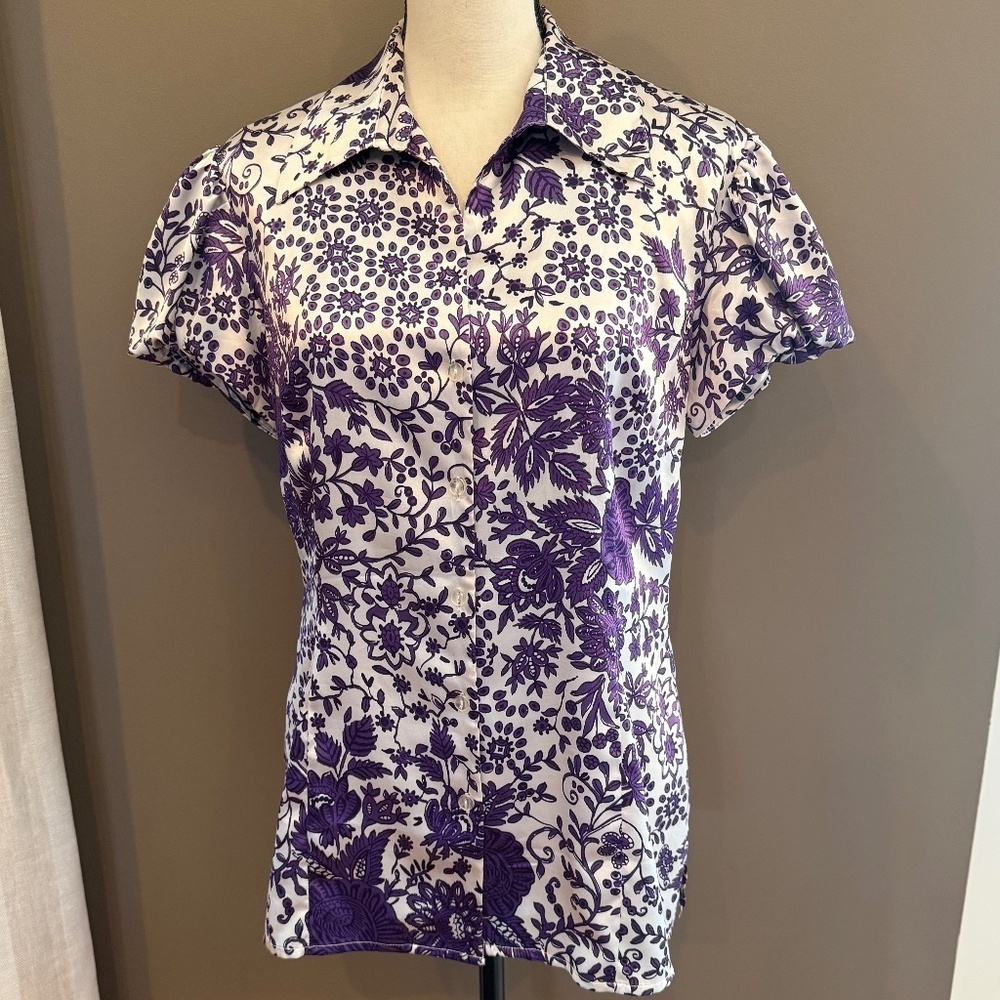 Tailor by B. Moss Purple & Cream Floral Puff Sleeve Blouse, Size Medium
